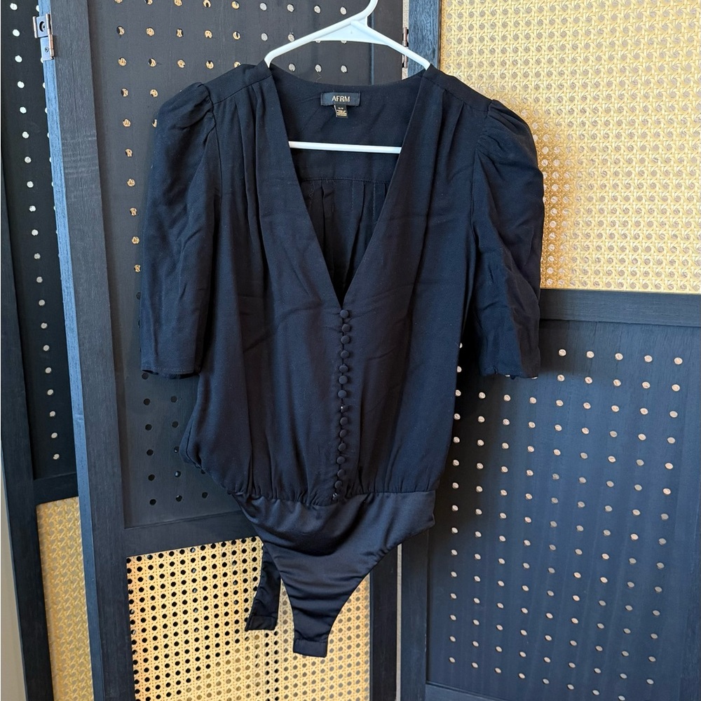 AFRM Black Puff Sleeve Bodysuit Top